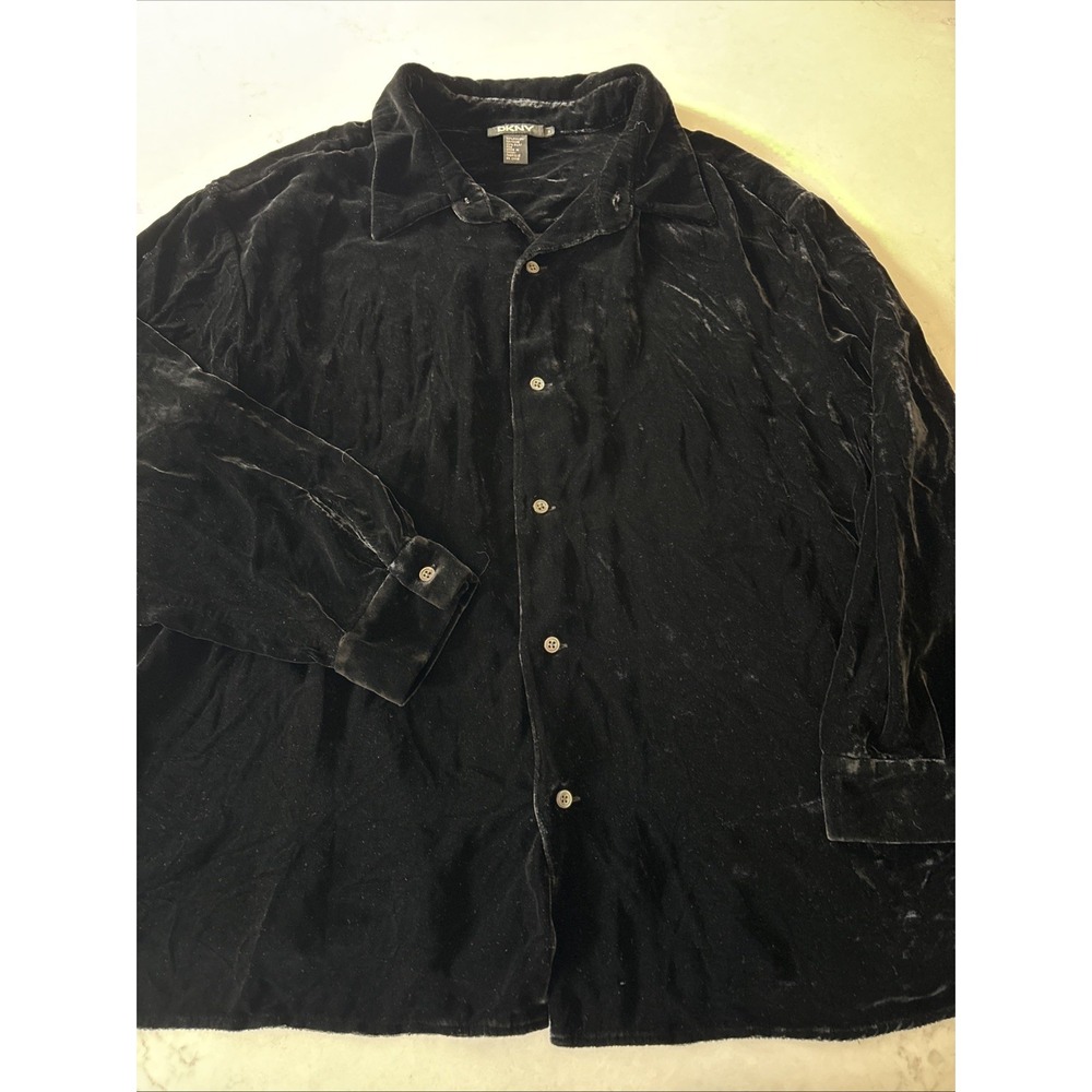 DKNY Womens 3 Crushed Velvet Velour Button Down Black Shirt Top Boho Blouse
